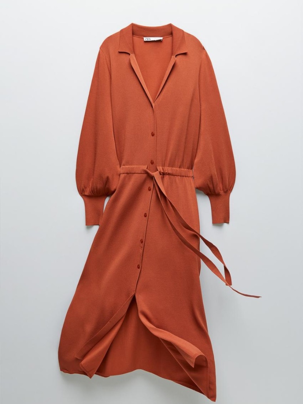 Zara - Burnt Orange Knit Midi Dress with Tie Waist - M